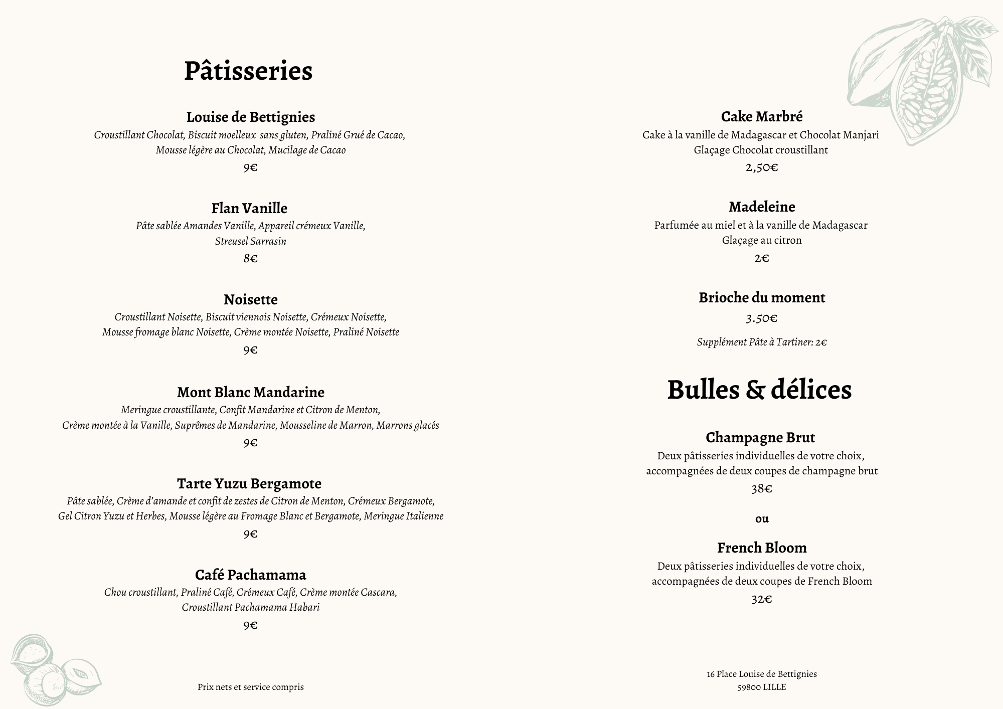 Menu NEJA Pâtisserie 2025