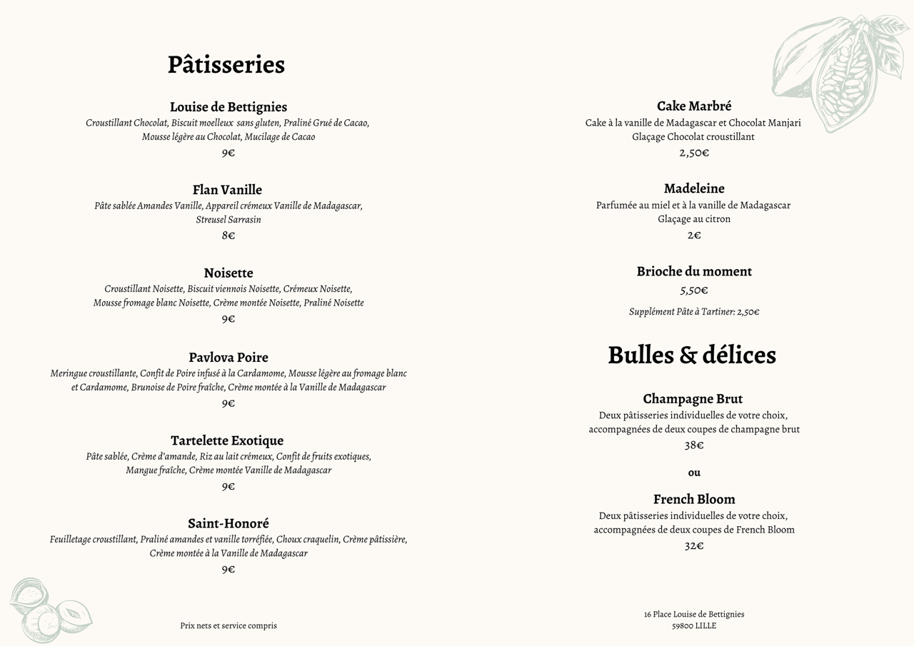 Menu NEJA Pâtisserie 2026